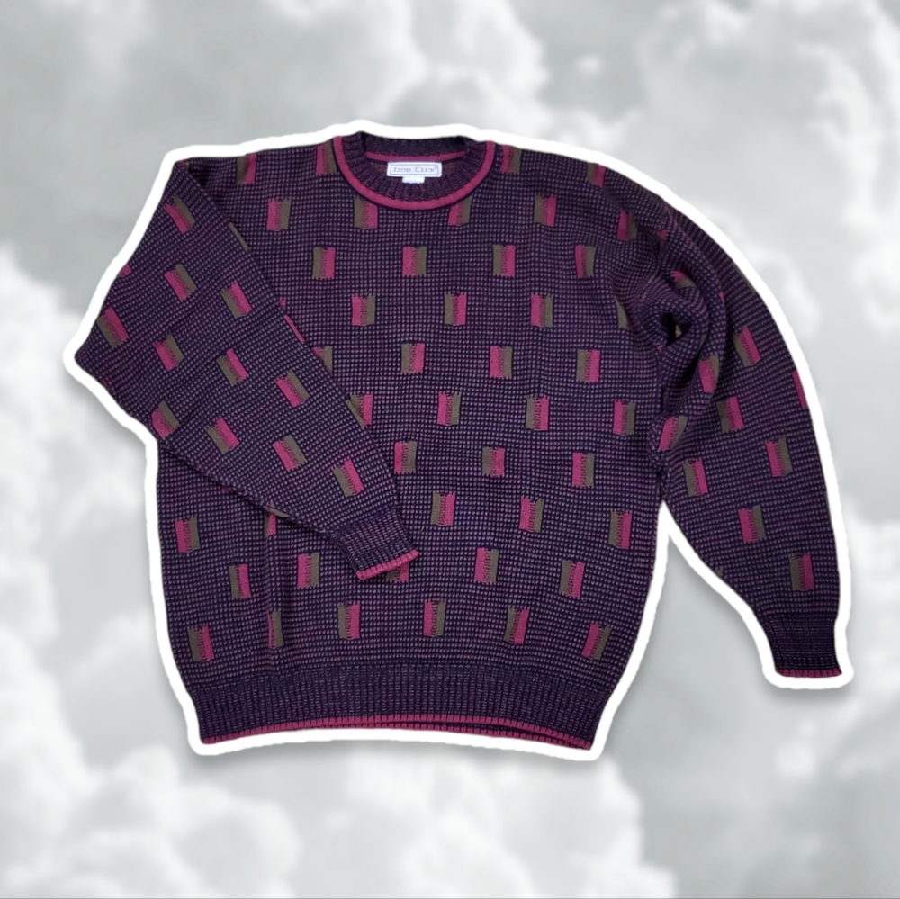 Izod Club Men's Large Vintage Black Red Green Pattern Pullover Crewneck Sweater